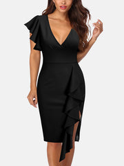 Deep V Neck Ruffle Sleeves Slit Midi Dress