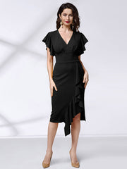 Deep V Neck Ruffle Sleeves Slit Midi Dress