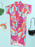 Printed Ruched Belt Midi Dress