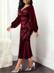 V-Neck Sequined Fishtail Evening Dress