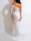 Rhinestone Off Shoulder Slit Party Dress