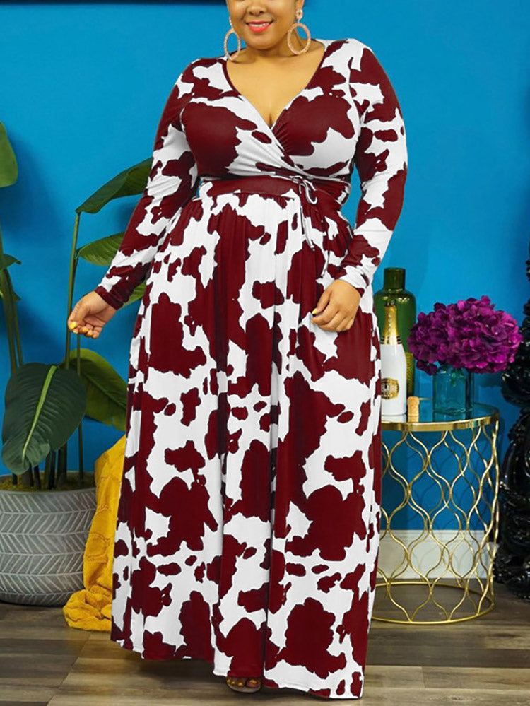 Cow Print V Neck Wrap Dress