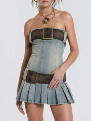 Double Belt Retro Ruched Denim Dress