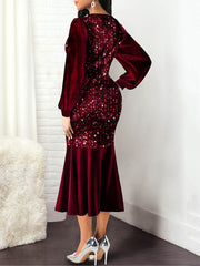 V-Neck Sequined Fishtail Evening Dress