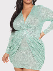 V Neck Long Sleeved Twist Sequin Dress