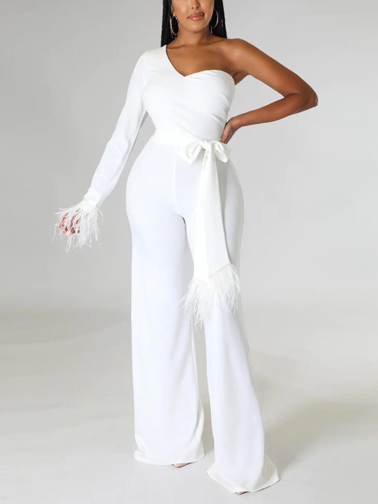 One Shoulder Feather Solid Jumpsuit