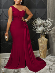 One Shoulder Solid Color Party Dress