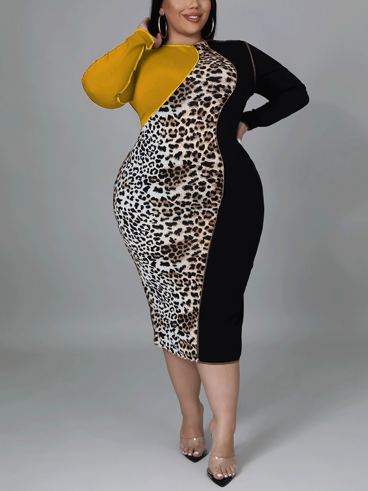 Vestido midi con parches de leopardo