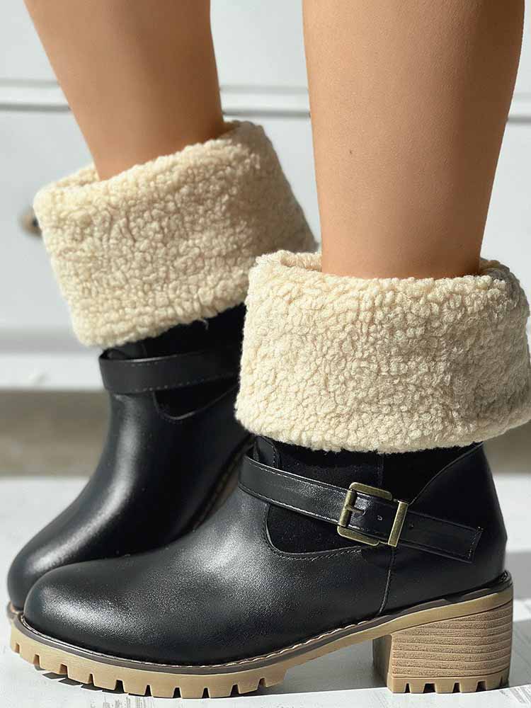 Furry Chunky Heel PU Ankle Boots