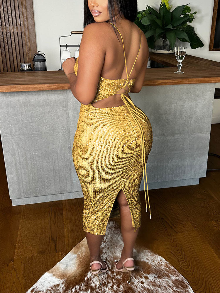 Sequins Backless Spaghetti Strap Dresses