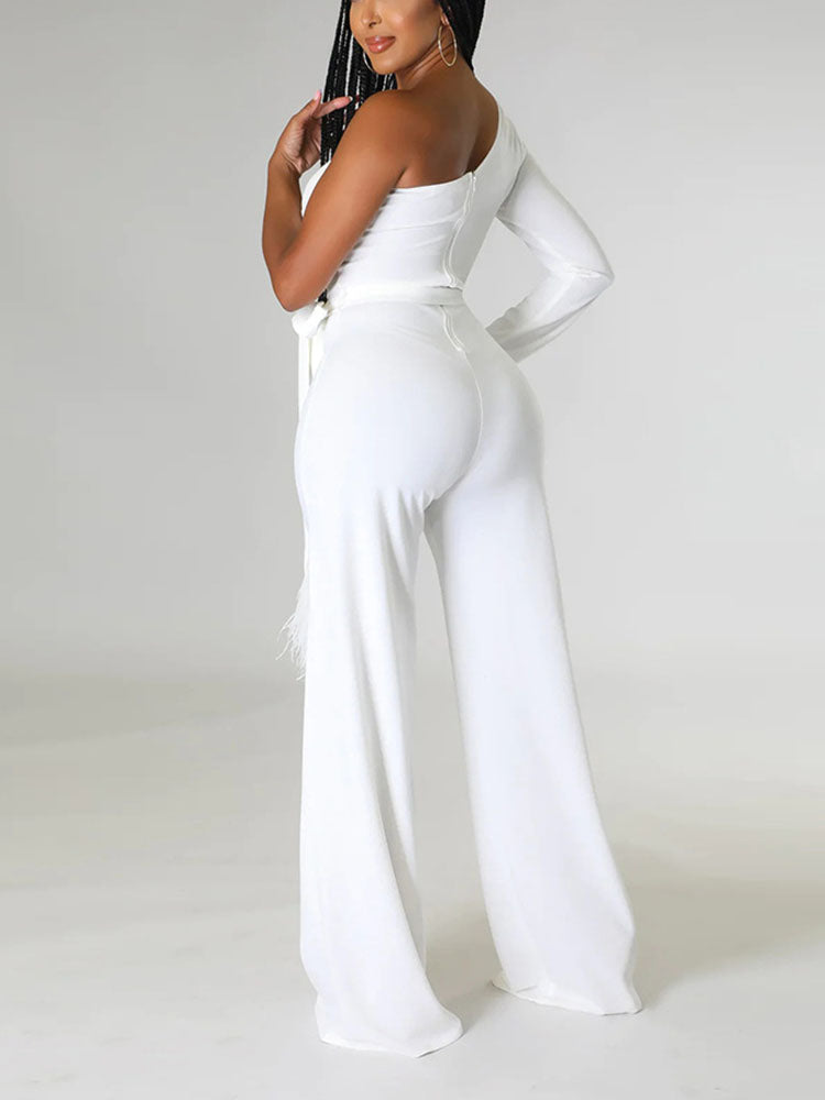 One shoulder Feather Decor Jumpsuit