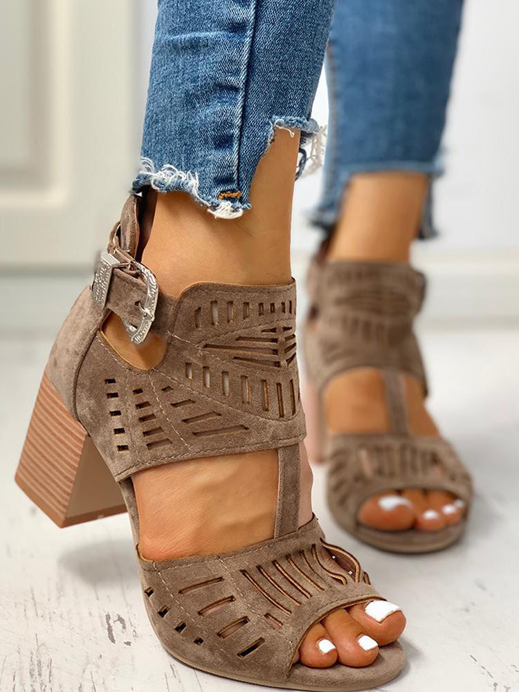 Hollow Out Chunky Heel Sandals