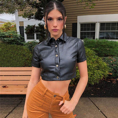 90s Short Sleeve Button Up Collared Crop Leather Blouse - Black