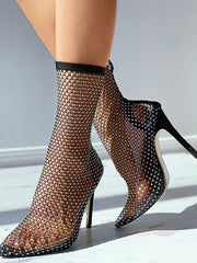 Fishnet Mesh Rhinestone Stiletto Heel Boots