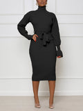 Turtleneck Knit Tie Waist Midi Dresses