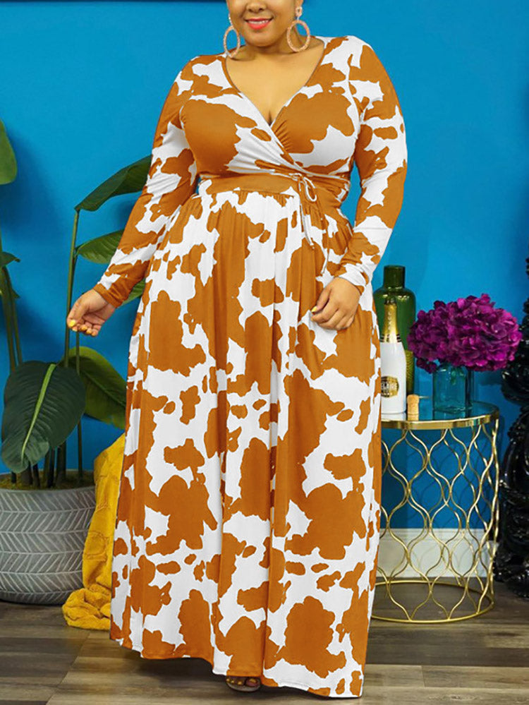 Cow Print V Neck Wrap Dress