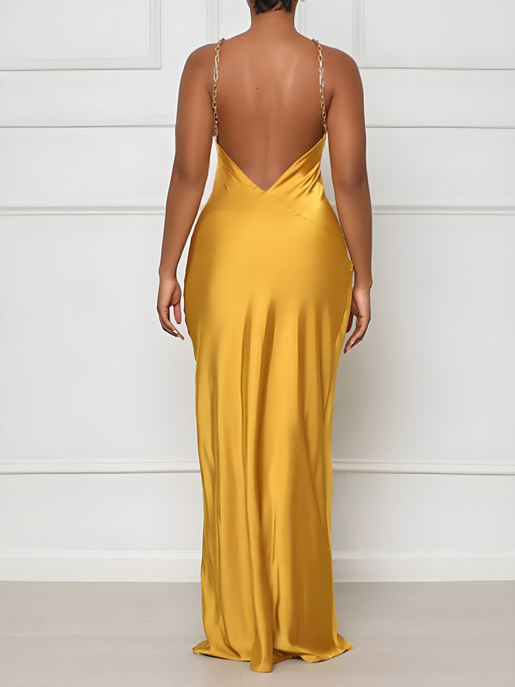 Backless Chain Halter Maxi Dress