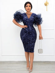 Elegant Sequin V Neck Puff Sleeve Party Dress