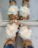 Flower String Beads Ankle Straps Flat Sandals