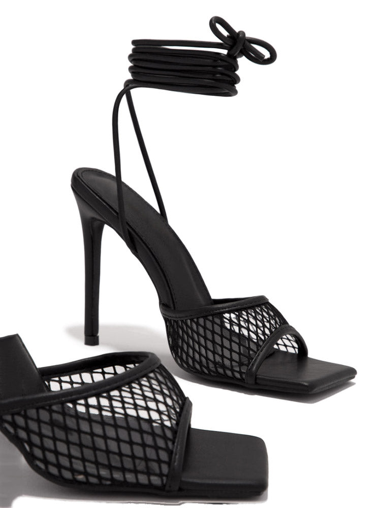 Square Toe Mesh Lace Up Heel