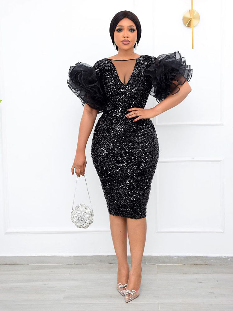 Elegant Sequin V Neck Puff Sleeve Party Dress