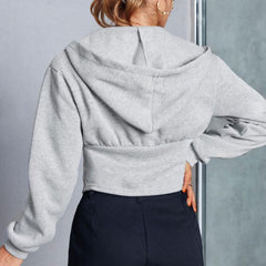 Hook and Eye Detail Drop Shoulder Long Sleeve Deep V Cropped Hoodie - Gray