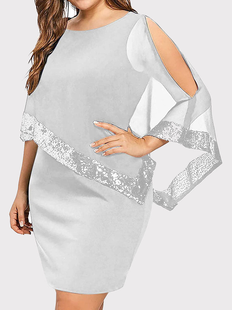 Cold Shoulder Overlay Asymmetric Sequins Dress