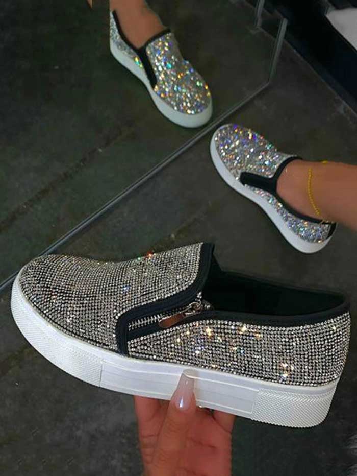 Rhinestone Zipper Platform Shoes