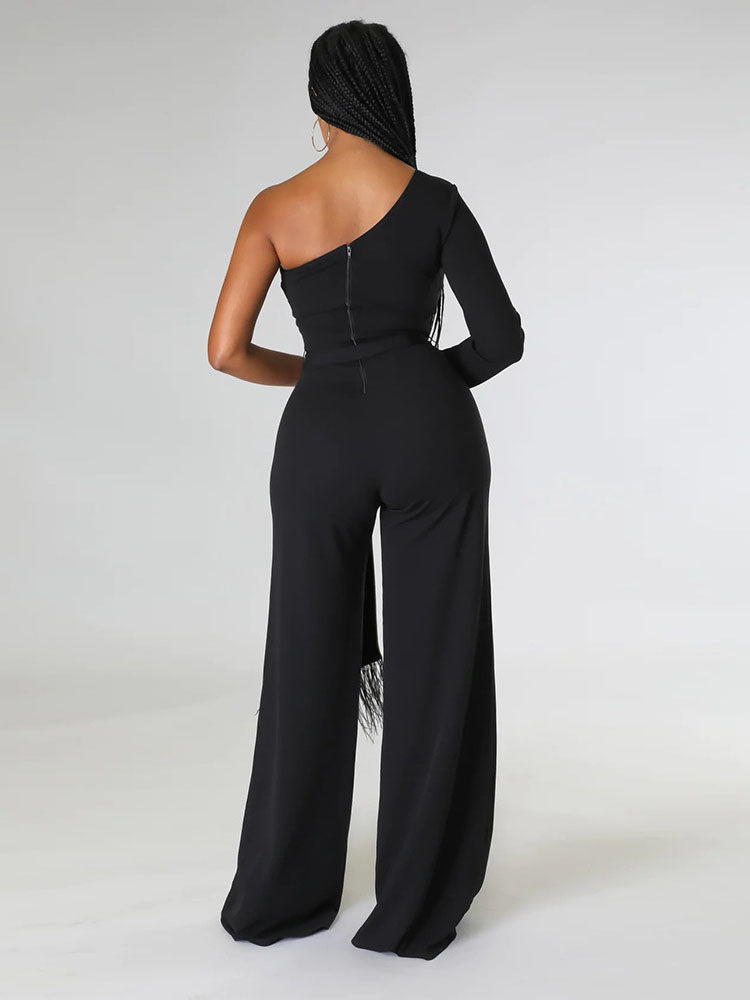 One shoulder Feather Decor Jumpsuit