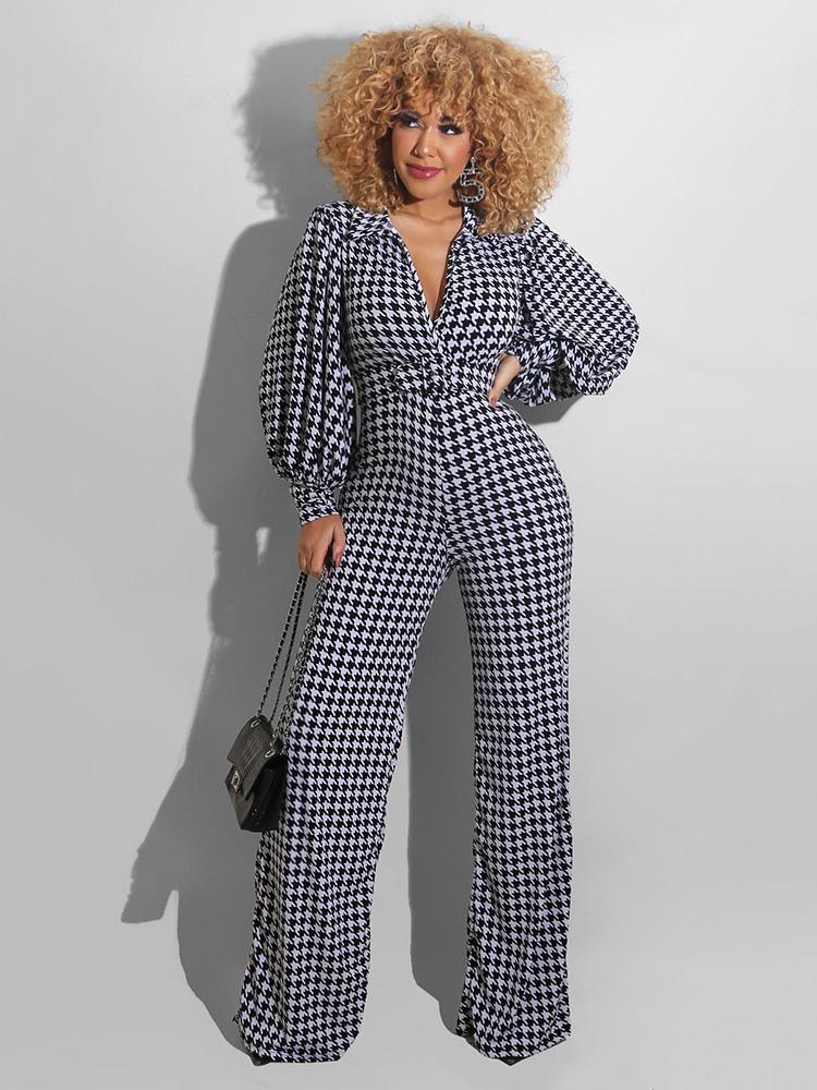 Houndstooth Lapel Jumpsuits