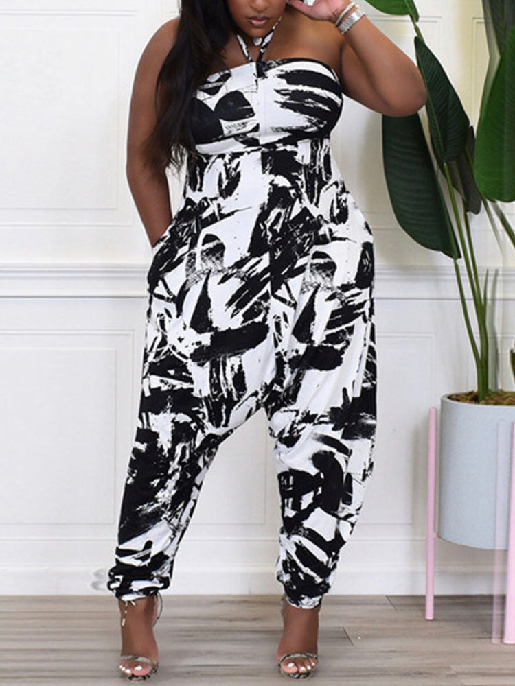 Casual Print Halter Backless Jumpsuits