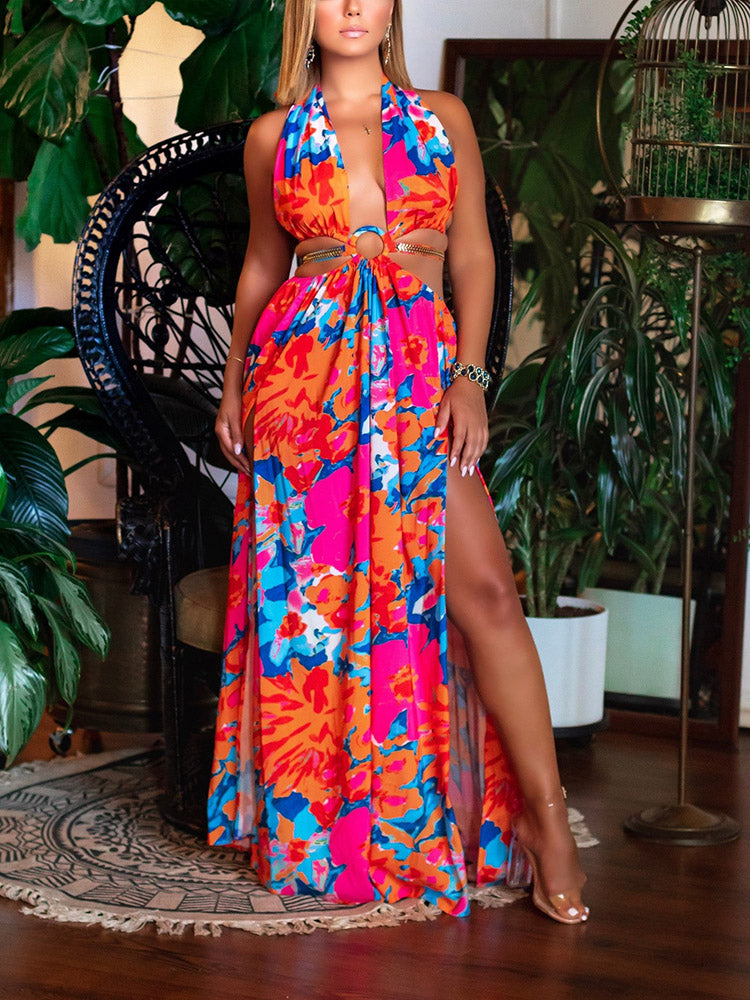Floral Print Cut Out Halter Dress – RoopKa