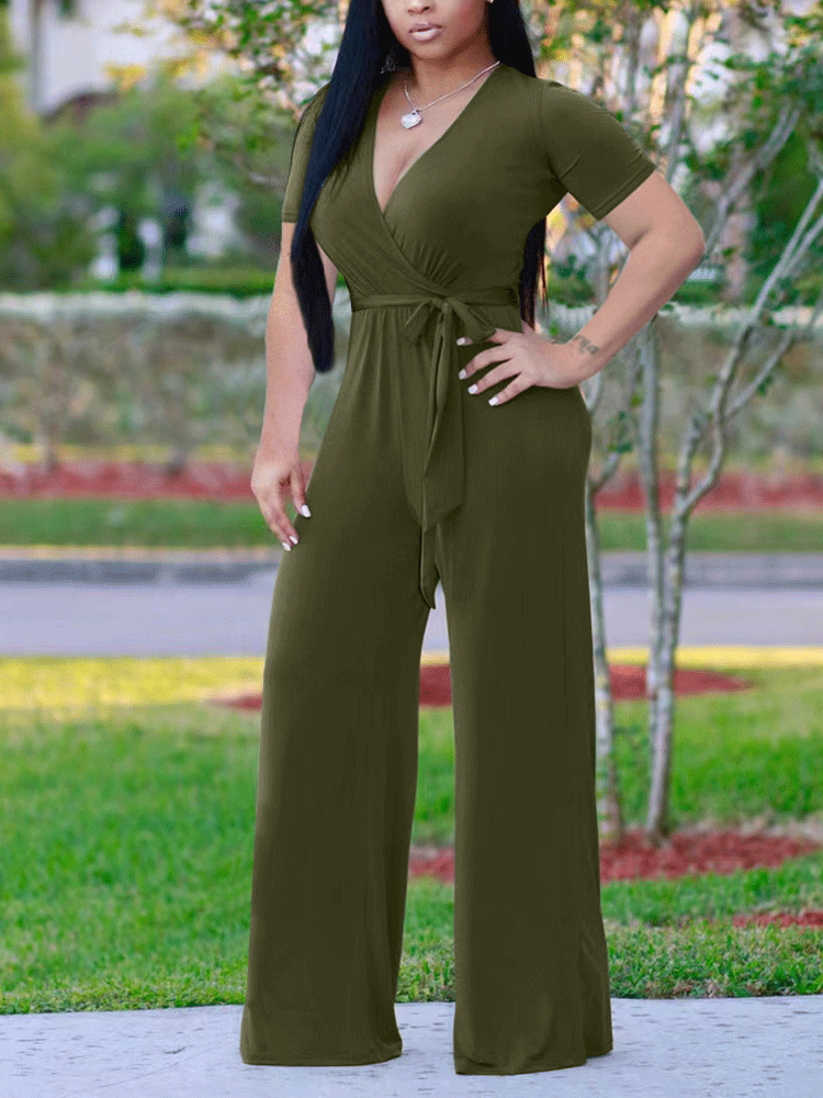 Deep V Neck Jumpsuit with Belt