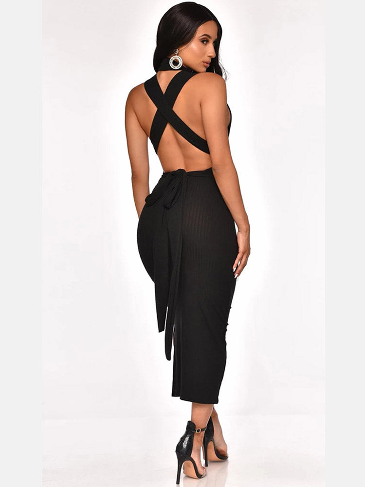 Solid Color Backless Maxi Dress