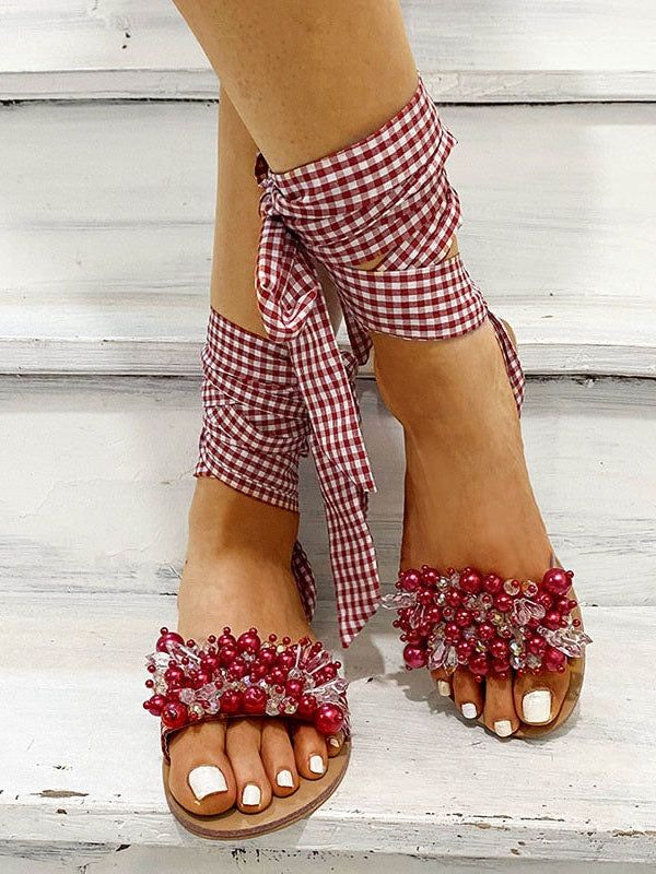 Ankle Strap Beaded Flat Heel Sandals
