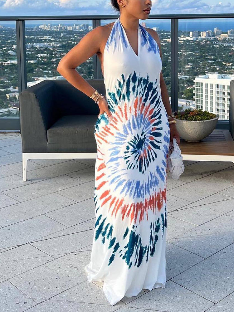 Tie Dye Halter Backless Dress