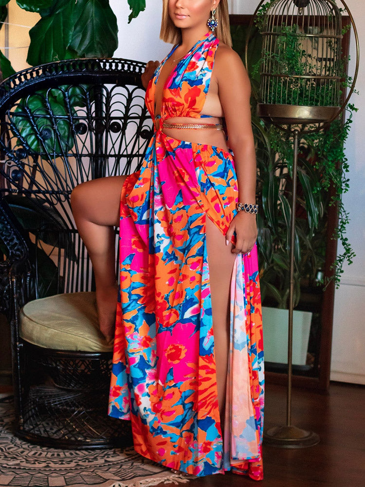 Floral Print Cut Out Halter Dress – RoopKa