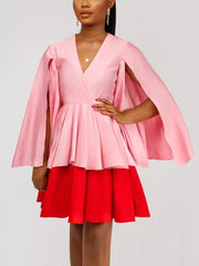 Colorblock Bell Sleeve Tiered Midi Dress