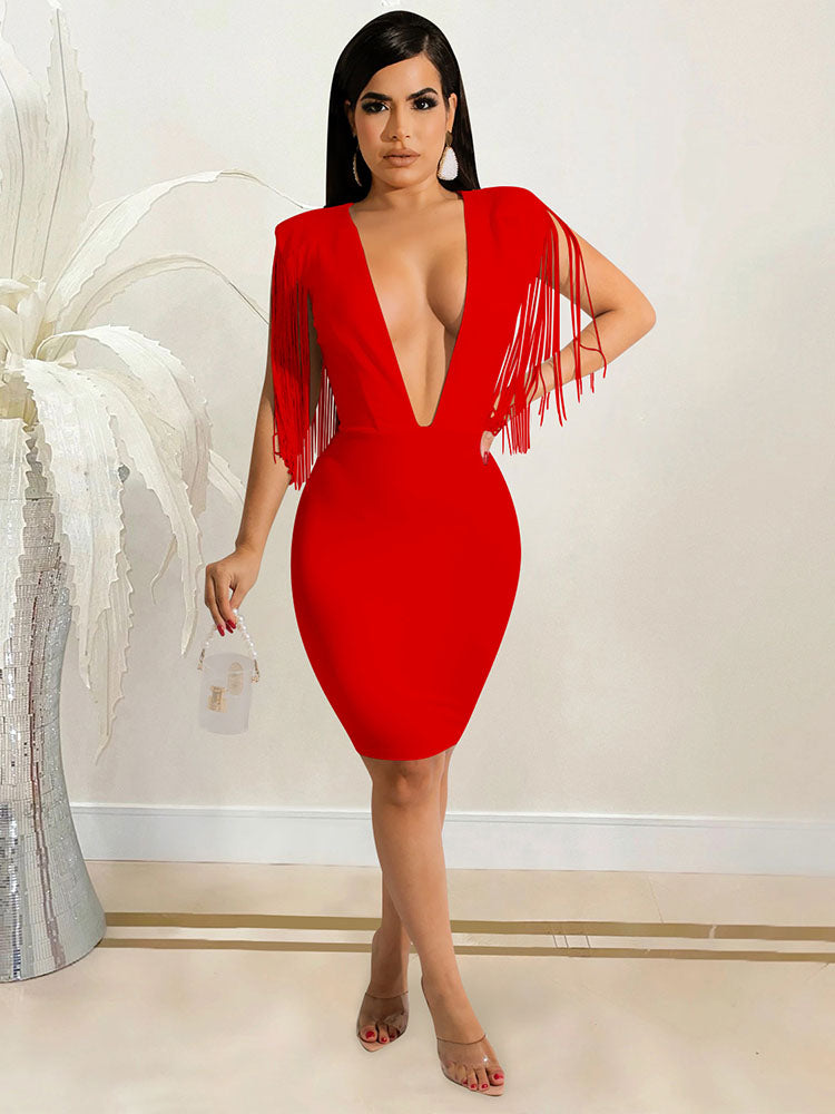 Deep V Neck Tassels Bodycon Mini Dress