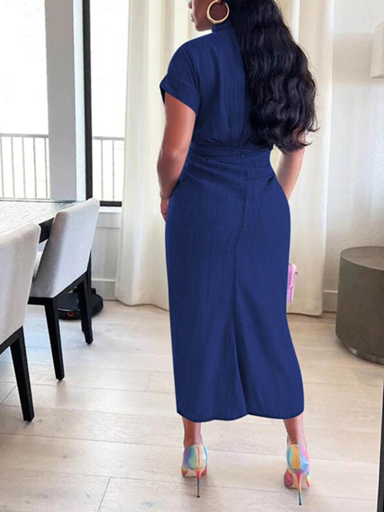 Front Tie Denim Ruched Midi Dresses