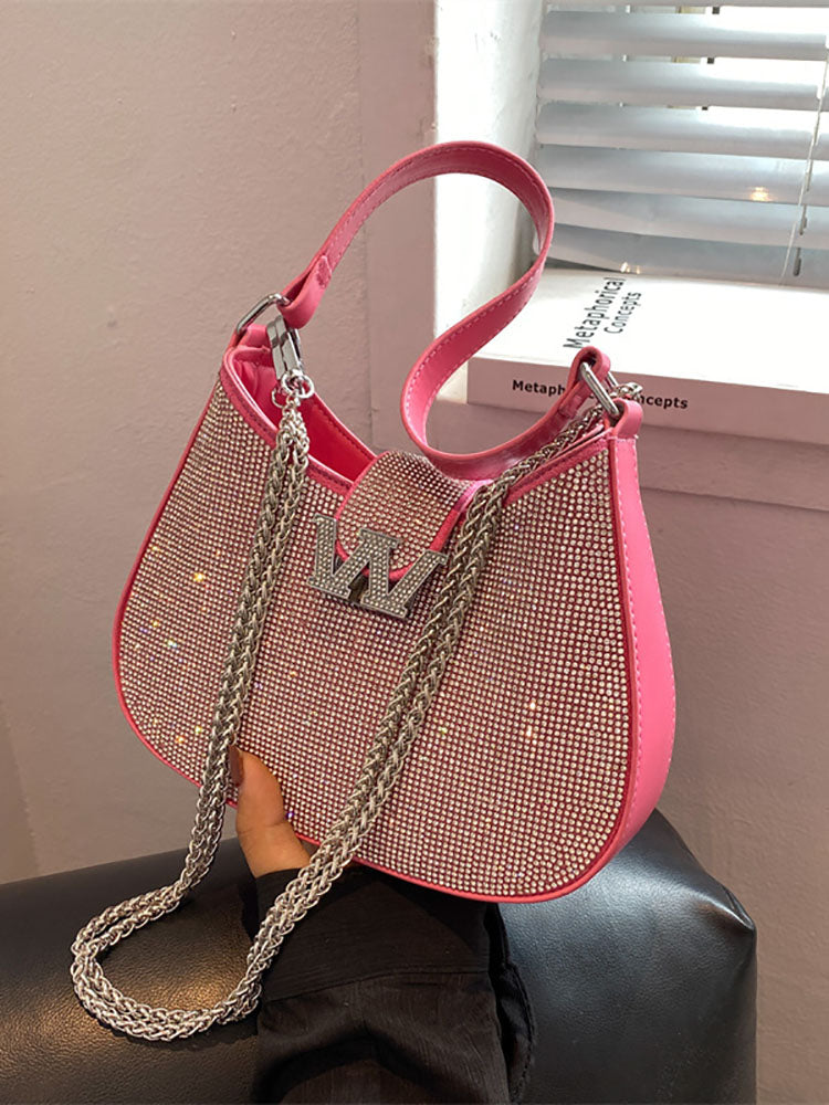 Bolso de hombro con forma de silla de montar y diamantes de imitación