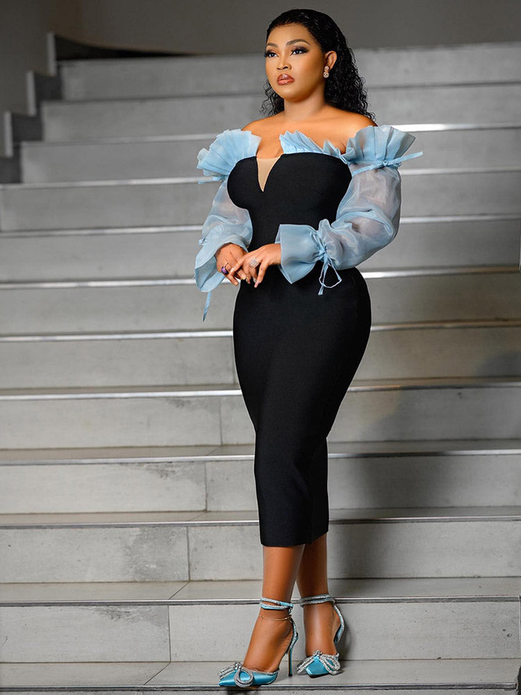 Bell Sleeve Ruffle Mesh Midi Dress