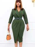 Solid With Belt V Neck Dress