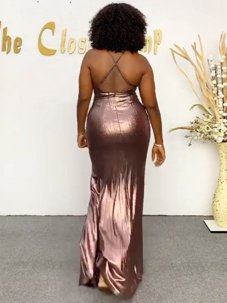 Backless Bronzing Slit Maxi Dress