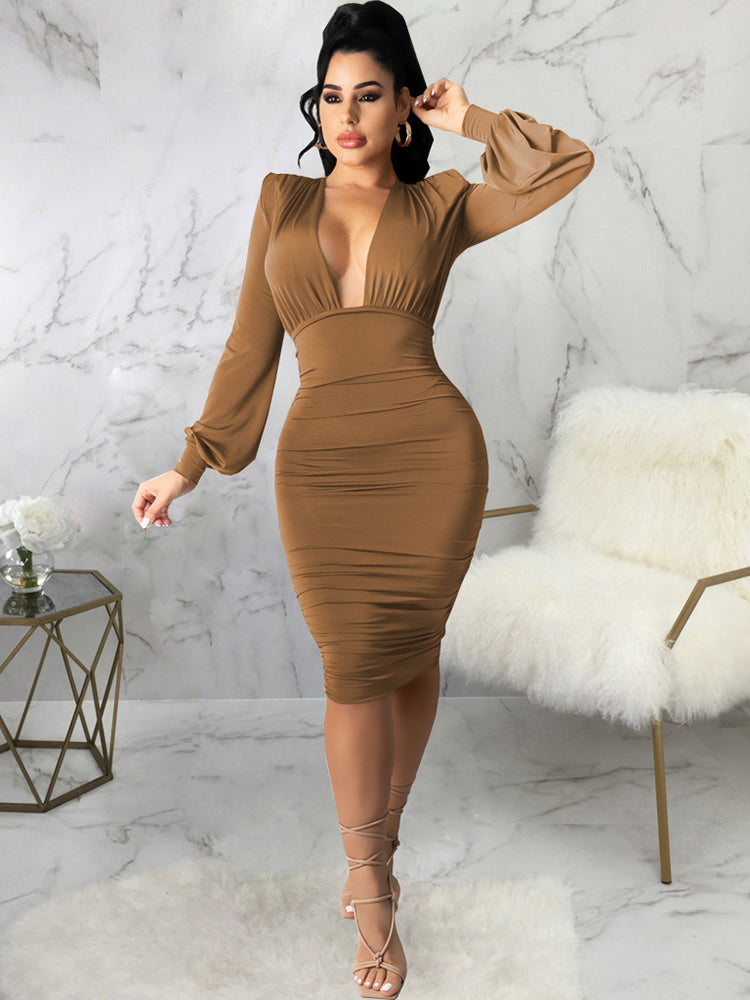 Deep V-Neck Ruched Midi Dress