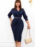 Solid With Belt V Neck Dress
