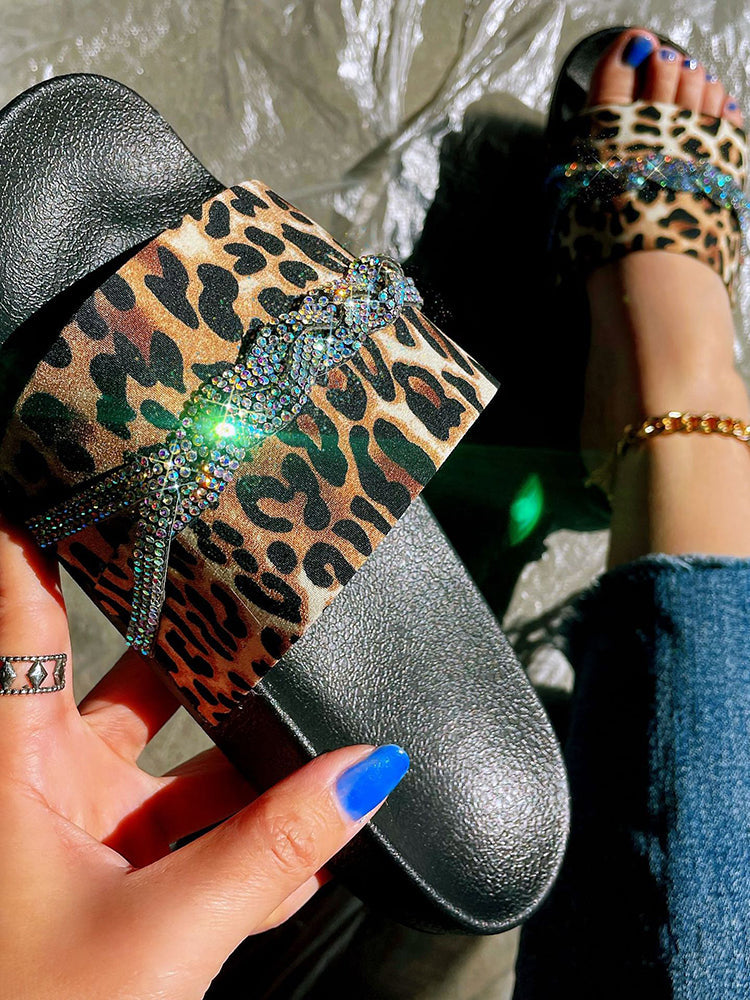 Leopard Rhinestone Flat Slippers