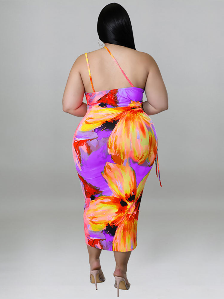 One Shoulder Print Midi Dress