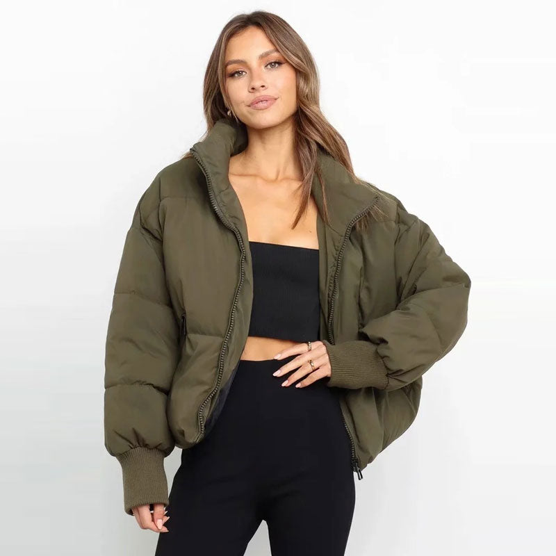 Stand Collar Side Pocket Zip Front Long Sleeve Puffer Jacket - Army Green