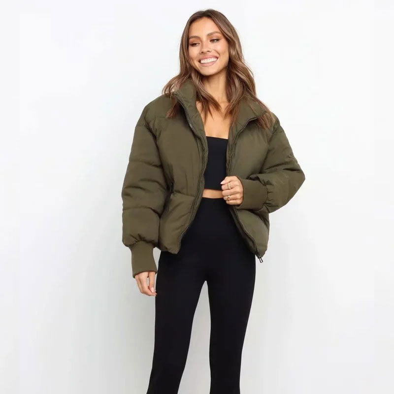 Stand Collar Side Pocket Zip Front Long Sleeve Puffer Jacket - Army Green